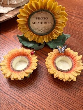 Sunflower Ceramic Tea Light Holders and Photo Frame - Yellow -